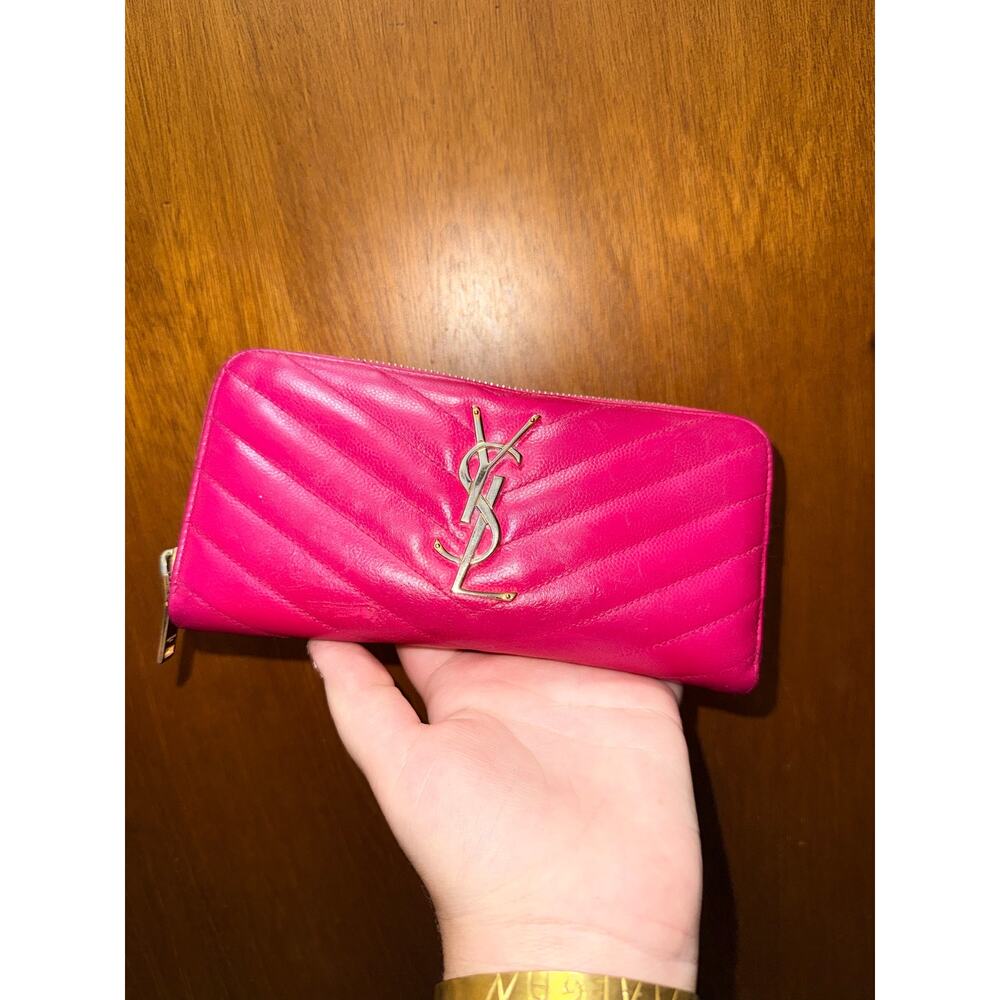 Saint Laurent YSL matelassé zip-around wallet in fuchsia